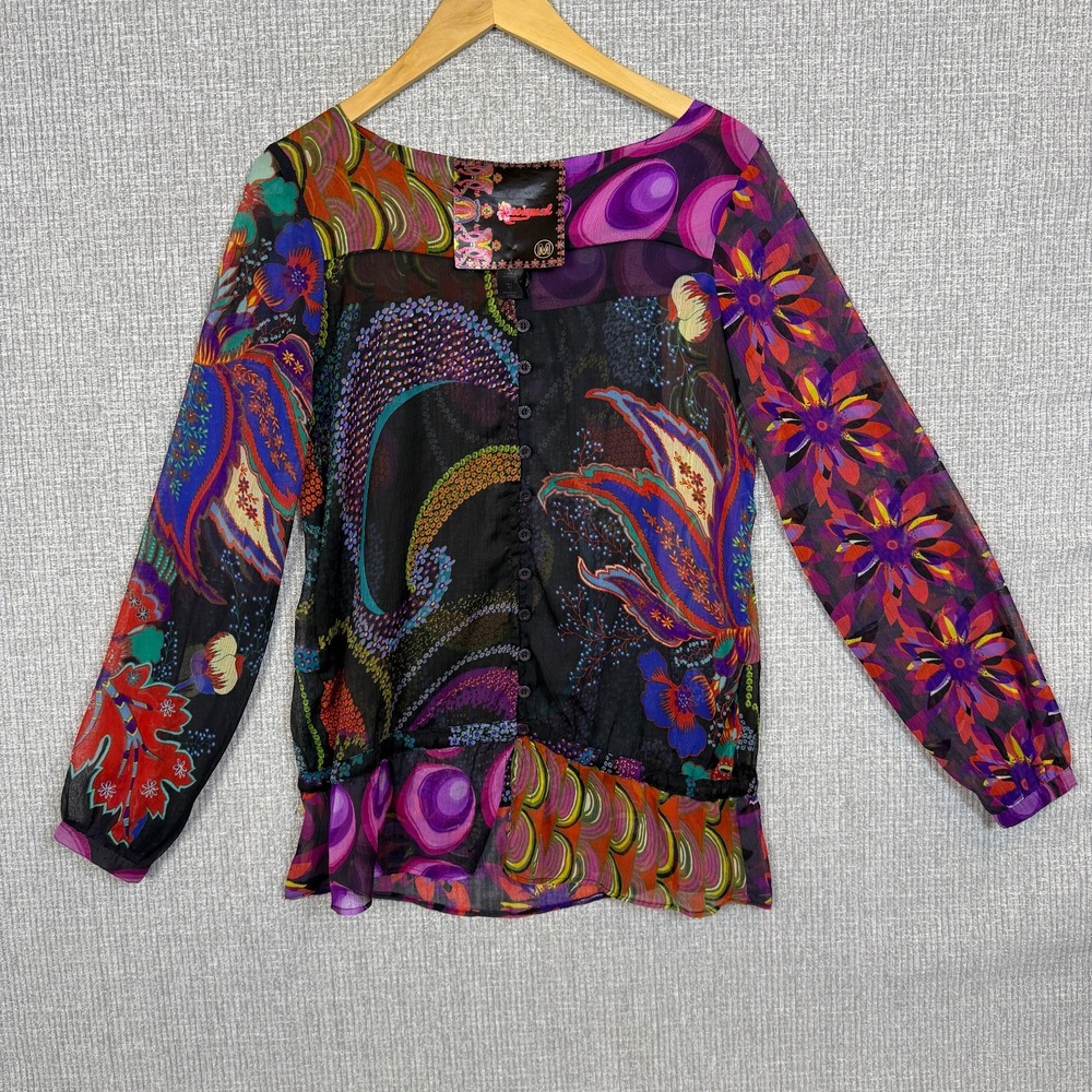 Desigual Sz M Floral Print Blouse Button Down LS Multicolor Sheer Statement - Picture 13 of 16